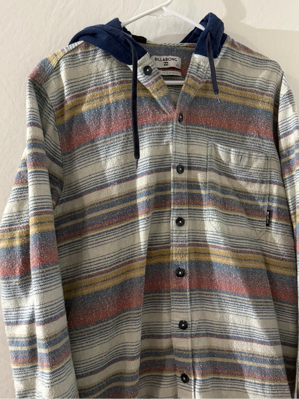 Billabong Baja Hooded Flannel Shirt Striped Core Fit Stretch Men’s L Preppy Surf - Picture 2 of 12
